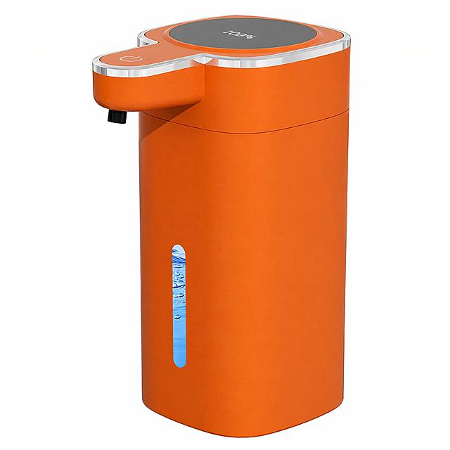 Amazon compliant white background main image. Orange automatic foaming soap dispenser product shot, pure white background #FFFFFF, no shadows, no text, no logos, no props, no scene elements. The dispenser has a cylindrical orange body with silver chrome trim on the top edge, a protruding pump head on the left side with power button, a digital display on top showing 100%, and a transparent vertical water level window on the front with blue water visible inside. Product is centered, takes up 85%+ of the frame, shown in a slight 3/4 front view to display both the front face and the pump head side. Keep product appearance (physical structure, material texture, color, proportions) exactly consistent with the input product image, no deformation or color difference. Ultra clean commercial product photography, sharp details, smooth matte orange finish, crisp chrome reflections. 1:1 square ratio. Negative: deformed, blurry product, messy background, watermark, e-commerce platform logo, text, shadows, props, hands, people.