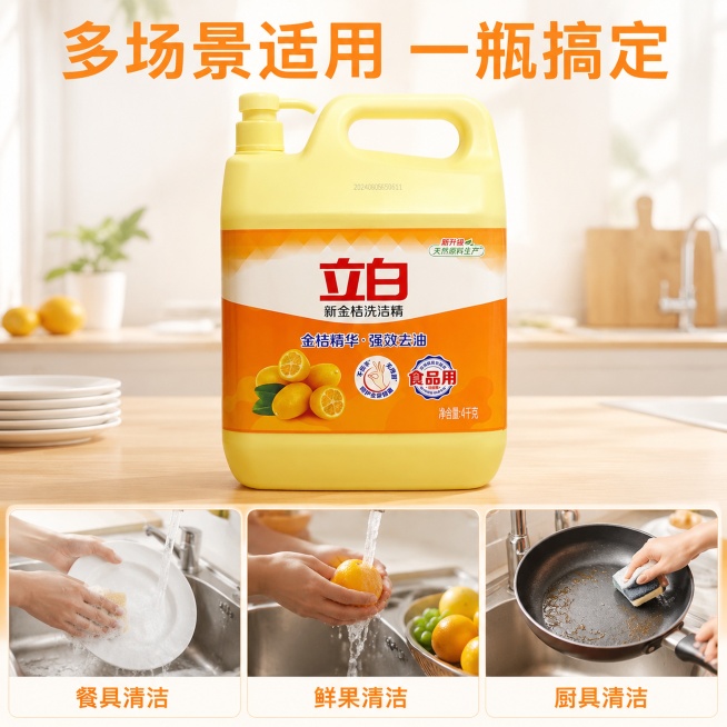 [主图-4] 立白新金桔洗洁精多场景适用宫格主图。[氛围风格] 实用多场景，生活化展示，清晰直观。[画质] 商业摄影质感，每个场景光线自然统一，产品清晰真实。[元素] 产品在上方居中放置，保持产品外观预览效果