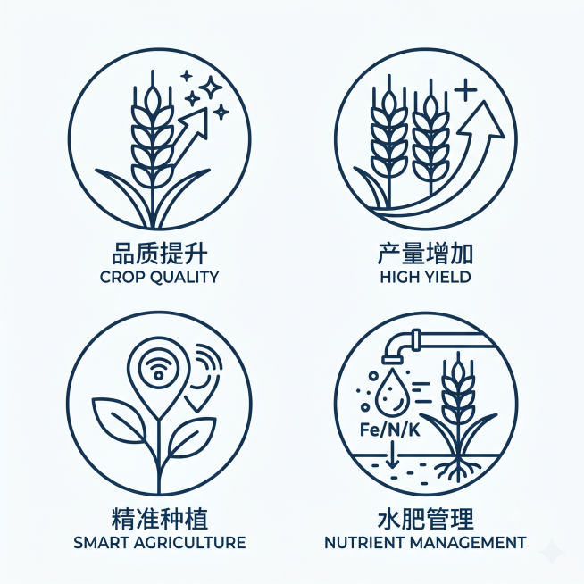 线性图标，简约线条风格的作物提质增产主题农业图标，干净简洁单色线条，白色背景，适合功能按钮，围绕作物品质提升、产量增加进行设计预览效果