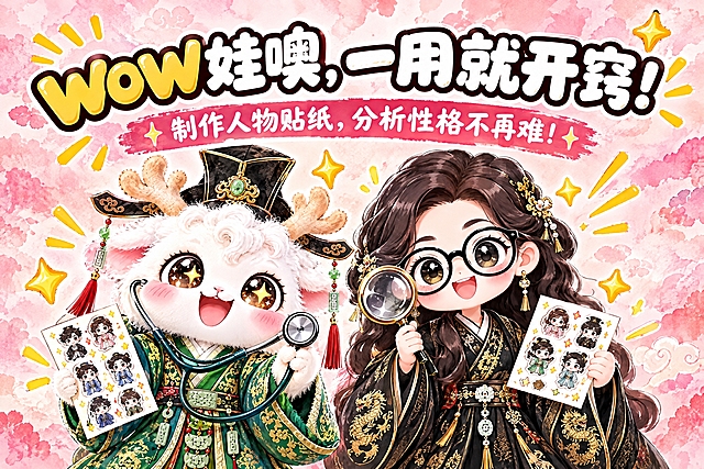 横版6寸比例的结尾页设计，大标题为"wow娃噢，一用就开窍！"，副标题为"制作人物贴纸，分析性格不再难！"，画面中央是两个Q版国风IP形象：一个是手持人物贴纸、像医生一样拿着听诊器的白色毛绒瑞兽（穿绿色汉服戴官帽），另一个是戴黑框眼镜、穿黑色金龙纹汉服的卡通女孩也拿着放大镜，两人自信满满，周围有星星和光芒特效，整体风格活泼有感染力，暖粉色水彩风背景，与费曼复述卡系列风格统一，排版醒目美观，适合打印