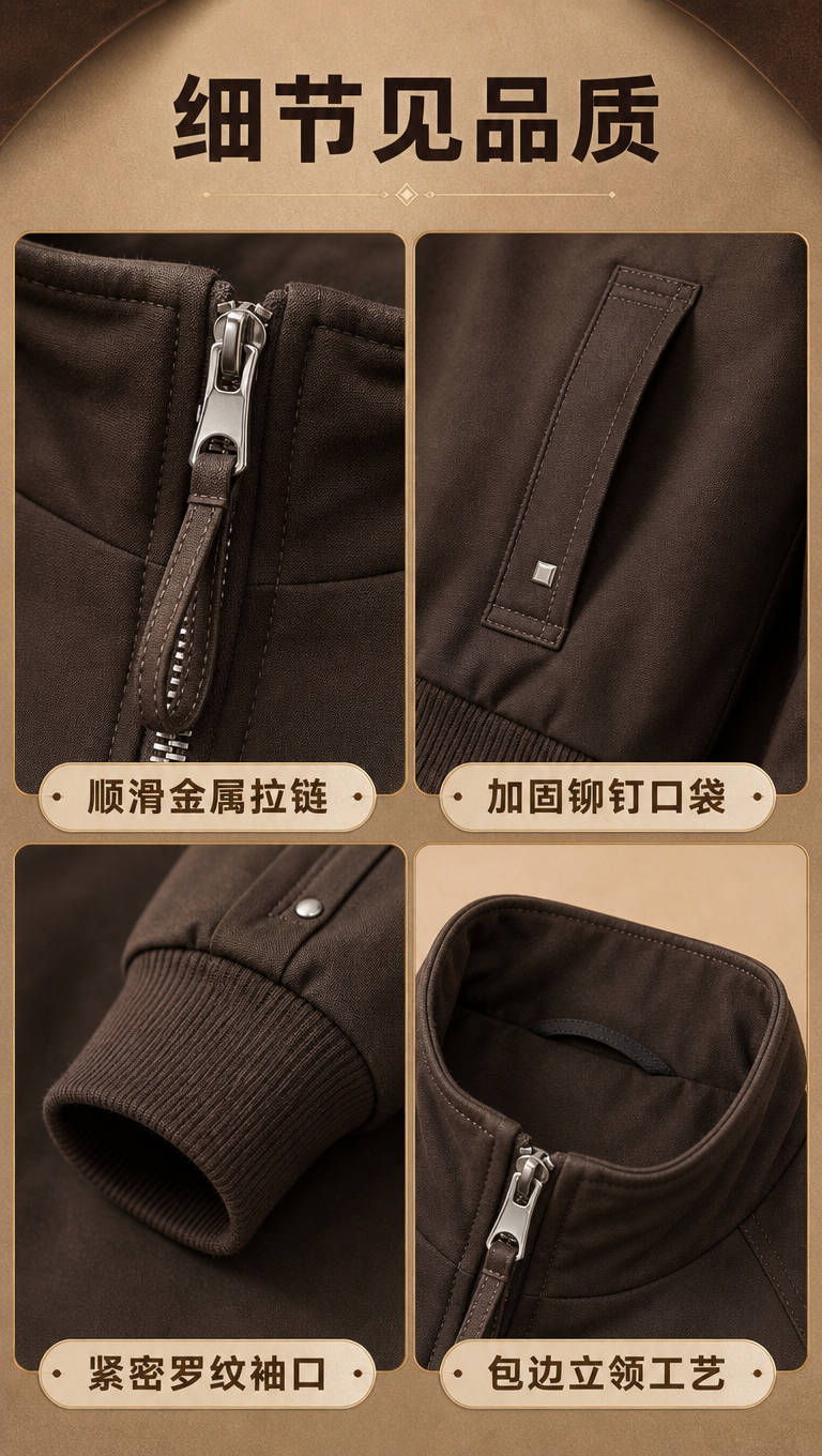 [商品] 使用【图1】深棕色立领拉链夹克；商品处理：保留立领、… - 图片创意预览
