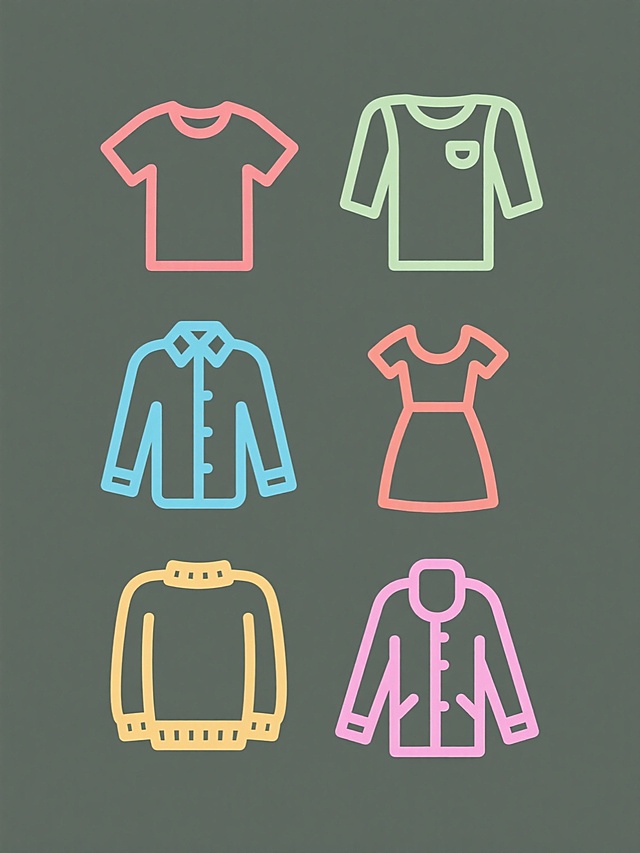 一组六件不同种类上衣的系列图标，保持简约线条风格，纯色背景，元素内容为短袖T恤、长袖衬衫、连衣裙、短裙、毛衣和外套，规整排布，变换画面整体色彩，每个图标采用不同的主色调，线条粗细均匀，轮廓清晰，扁平化设计，无阴影效果，图标大小一致，排列整齐，适合作为服装分类素材集合使用。