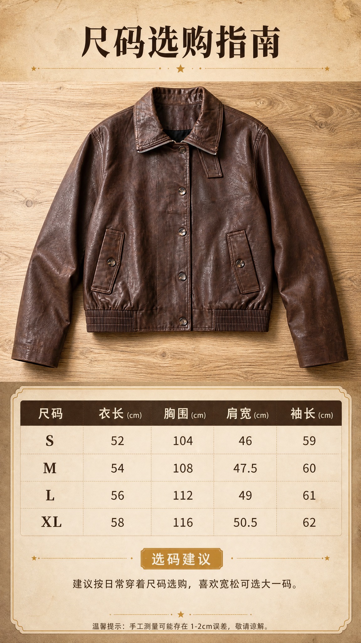 [商品] 使用【图1】复古棕色翻领短款PU皮夹克；商品处理：保… - 图片创意预览