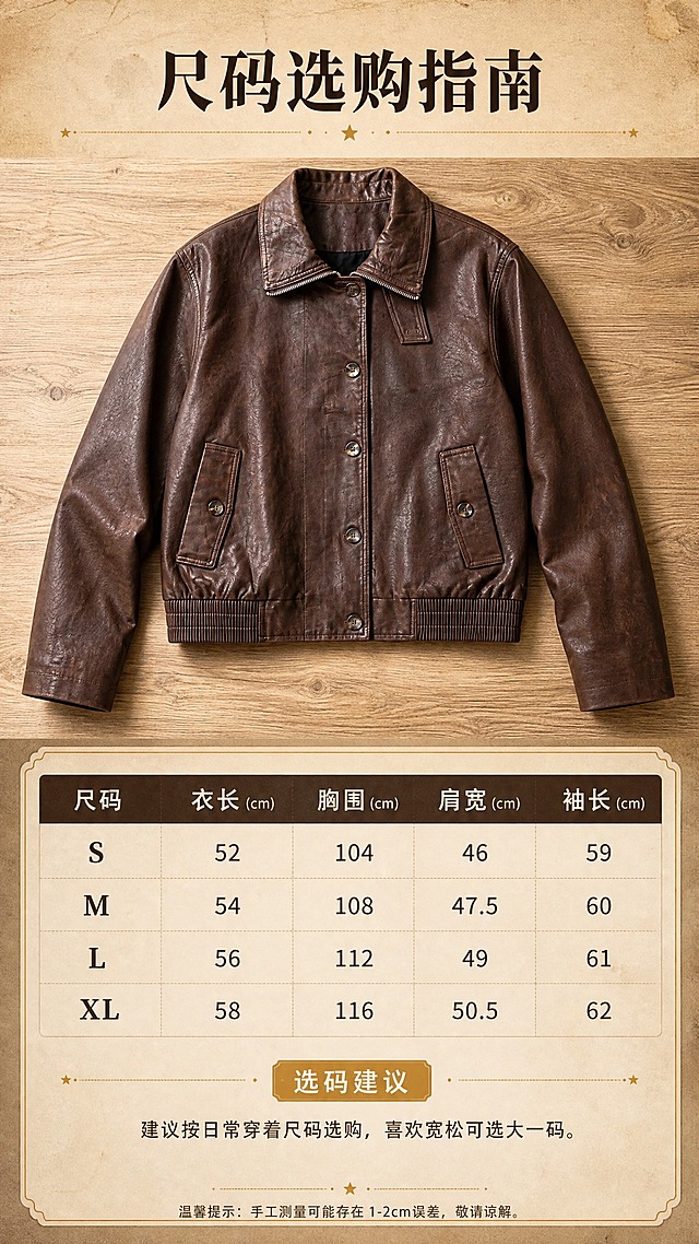 [商品] 使用【图1】复古棕色翻领短款PU皮夹克；商品处理：保留翻领、拉链+单排扣门襟、双侧贴袋、罗纹收腰下摆、长袖、棕色做旧PU皮质、整体版型与结构；自然去除衣架与挂架，理顺衣身形态，增强皮纹肌理、五金扣具高光与缝线质感，不改变颜色和版型结构。
[画面] 目标：尺码信息页，含产品展示与选购指南。构图：上半部分为夹克正面平铺展示，占画面40%，置于浅棕木纹桌面上；下半部分为尺码信息表格区域，搭配选码建议文字。背景为浅棕色渐变+纸张纹理，整体清晰易读。
[视觉] 套系策略：风格=美式复古高级商业杂志风；标题字=复古衬线粗体；正文字=简洁无衬线体；主色=复古棕褐；背景延展=基于复古棕褐做深浅层级、同色渐变和做旧纸张/砖墙质感；强调色=焦糖金，仅用于小面积图标、引线和标签；标题色=深棕黑；正文色=暖棕灰；组件=圆角复古信息卡、细金线引线；光影=左前侧暖调柔光，皮质高光自然。
[文字] 顶部主标题"尺码选购指南"，下方表格包含尺码（S/M/L/XL）、衣长、胸围、肩宽、袖长字段，表格下方加注选码建议：建议按日常穿着尺码选购，喜欢宽松可选大一码。文字清晰规整，手机端可读。
[规格] 图片比例9:16竖版，2K分辨率，避免变形、错字、文字过小、冷蓝背景、衣服颜色改变、版型失真、衣架挂架残留。