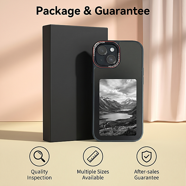 [Detail Page 8] Package and after-sales info page, keep product appearance consistent with original. [Style] Clean end page style for cross-border. [Image quality] 2K clear commercial. [Element] Ink screen phone case placed next to the packaging box, the ink screen displays a beautiful landscape pattern different from all previous images. Below are 3 service labels: 1. "Quality Inspection", 2. "Multiple Sizes Available", 3. "After-sales Guarantee". Headline "Package & Guarantee" at top. All English text, clean layout. [Proportion] 1:1 2048px 2K resolution. [Negative] Deformation, extra logos, Chinese characters, blurry package.