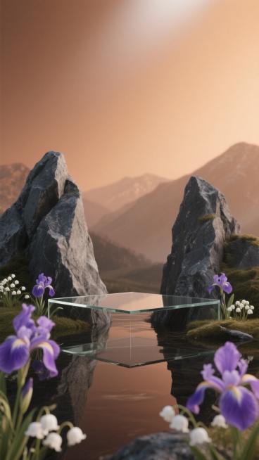 3D渲染风格，以柔和的橙棕色为背景色调，前景为两块棱角分明、带有粗糙岩石纹理的深灰色山石，山石中间架设有一块光滑透明的玻璃平台，平台表面有清晰的倒影效果，平台两侧及前方点缀着盛开的紫色鸢尾花和白色铃兰，背景中隐约可见模糊的山峦轮廓，整体光影柔和，光源来自画面上方，营造出宁静而神秘的氛围，具有极简主义的设计感和层次感。预览效果