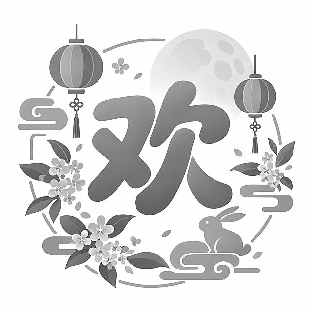 中秋节商城小图标，中心是一个大大的灰色'欢'字，字体圆润饱满有设计感，周围环绕着小灯笼、桂花、祥云等中秋元素装饰，整体灰色高级风格，深浅不同的灰色为主色调，从浅灰到深灰渐变层次，扁平化设计，简洁现代，适合电商商城使用，白色背景，图标清晰精致，矢量风格，低调雅致
