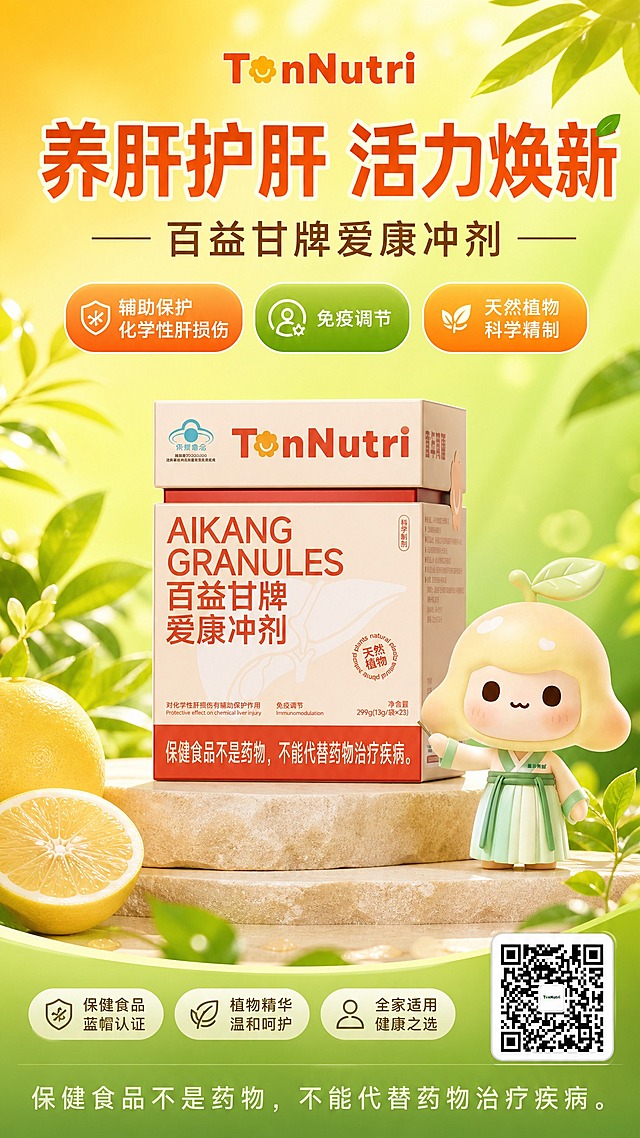 活力明亮电商风保健食品海报，画面主体为百益甘牌爱康冲剂产品盒（图1），产品100%还原上传商品图的外形、包装、LOGO、印刷文字、净含量，完整保留盒型、轮廓、结构、比例、标签版式、品牌logo、文字信息、材质质感、颜色与正面朝向，商品主体占画面55%~70%，位于画面中下部，文字不遮挡主体。画面右侧或左下角融入可爱的柚子IP形象（图3），IP形象保持原图的圆润可爱造型、浅黄渐变头部、绿色汉服、头顶绿叶的设计，与产品互动，增添活力亲切感。背景采用活力明亮的橙黄到浅绿渐变背景，营造健康活力氛围，点缀天然植物叶片、柔和光斑、轻盈光晕，体现天然植物健康感。顶部大标题文字："养肝护肝 活力焕新"，副标题："百益甘牌爱康冲剂"，卖点标签三个："辅助保护化学性肝损伤"、"免疫调节"、"天然植物 科学精制"，品牌名"TonNutri"。底部小字合规提示："保健食品不是药物，不能代替药物治疗疾病。"。右下角放置二维码（图2），保持二维码图案清晰可识别。版式精美，信息层级分明，主标题醒目，卖点标签圆润色块标签化呈现，整体风格活力明亮、健康清新、电商感强。写实商业摄影风格，顶部自然光+侧前方柔光，柔和阴影，高饱和度明亮色调，超高清画质，2K分辨率。画面中所有信息区域必须填充完整合理的内容，不得出现空白框、空白占位、空列表项。画面中所有数字必须精确渲染，不得错位、遗漏或编造。