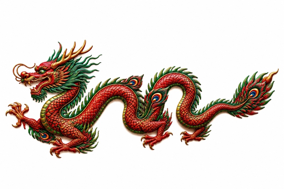 去掉图片中的祥云元素，保留龙本身，修改龙的尾巴为传统龙尾样式，保留和参考凤凰一致的红绿色彩浮雕风格、孔雀眼纹理细节，纯白背景，横向构图预览效果