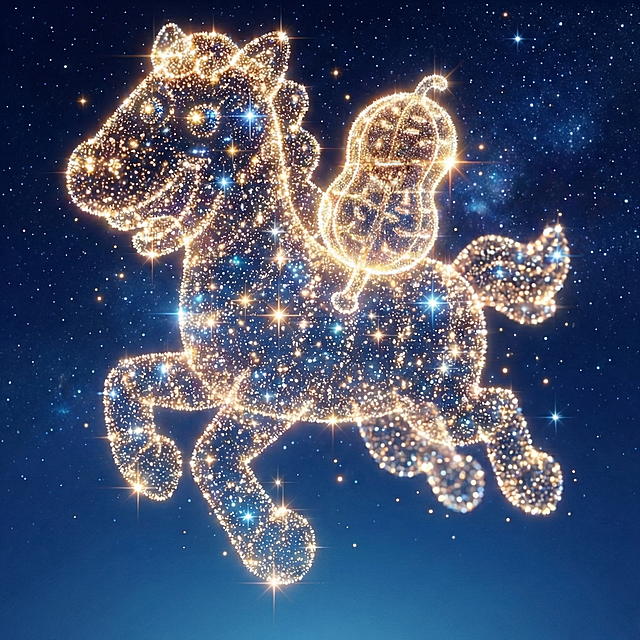 梦幻感鎏金风马匹驮着花生，寓意”马上发生“，粒子光效勾勒轮廓，星空背景营造唯美光影，虚拟自然中的节日奇境。