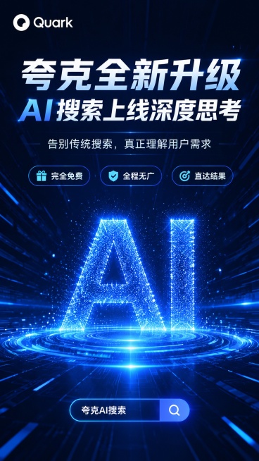 科技感风格夸克信息流广告，左上角放置夸克logo，主标题"夸克全新升级 AI搜索上线深度思考"，副标题"告别传统搜索，真正理解用户需求"，卖点标签："完全免费" "全程无广" "直达结果"，深蓝色科技预览效果