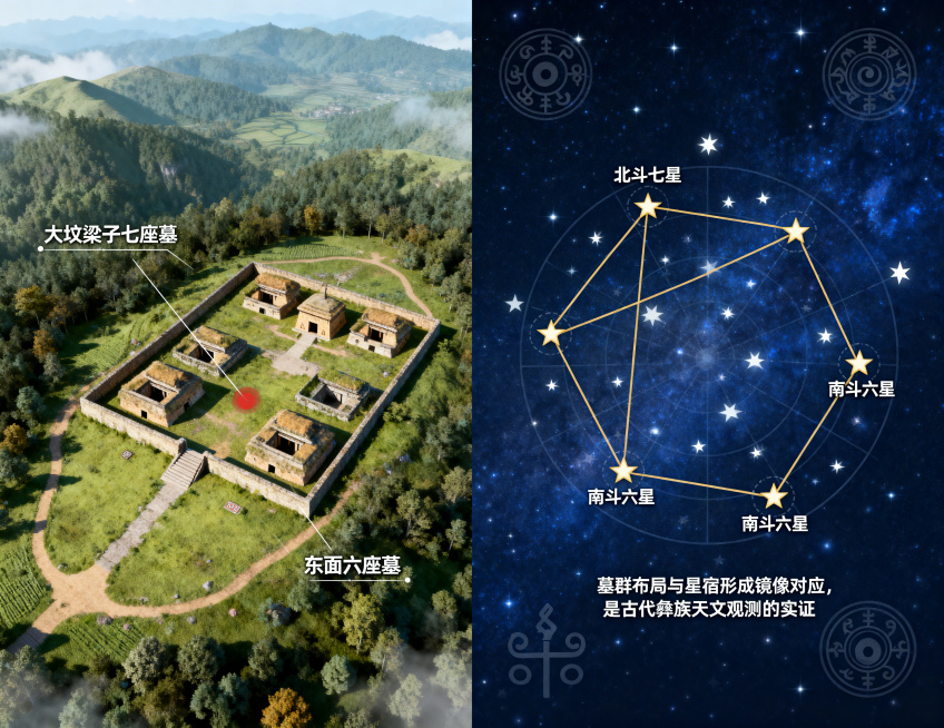 向天坟墓群天文布局科普图，左侧为大凉山向天坟墓群的高空俯瞰复原图，标注大坟梁子七座墓与东面六座墓的位置；右侧叠加对应星宿图，用连线清晰展示七座墓与北斗七星的排列对应关系、六座墓与南斗六星的排列对应关系预览效果