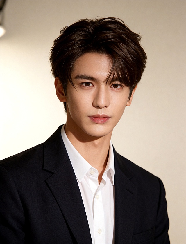 保留参考图中男士的脸型、发型、年龄特征，生成专业形象照，穿着深色休闲西装搭配白色衬衫，浅米色极简背景，柔光箱补光，韩系杂志色调，皮肤通透有光泽，姿态自然放松，眼神温柔自信，高清质感。