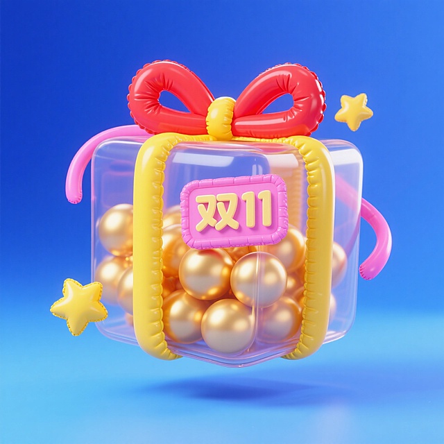 软3D风透明礼盒，充气感红黄蝴蝶结与金色球体，搭配梦幻星星，呈现可爱卡通风格，双11促销氛围浓厚。