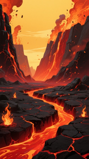 横版构图的动画风格火山场景，画面中央是布满深红色裂纹的黑色地面，岩浆从裂缝中涌出并流淌，形成明亮的橙红色光带，前景有几簇燃烧的火焰，中景两侧是高耸的橙红色火山岩壁，岩壁上有黑色的熔岩纹理和喷射的火星，背景是被岩浆照亮的橙黄色天空，整体光影对比强烈，色彩以黑、红、橙为主，营造出炽热、壮观且充满张力的氛围，细节丰富，线条流畅，具有强烈的视觉冲击力。预览效果