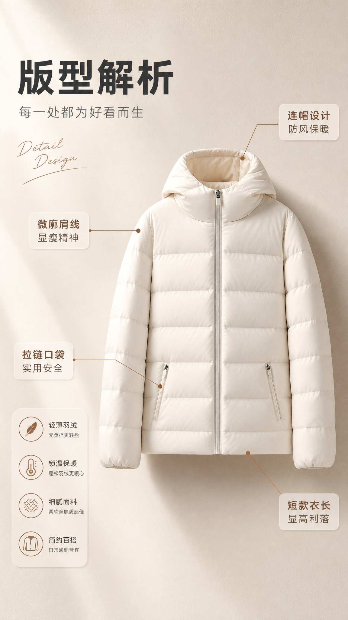 [商品] 使用【图1】奶白色连帽短款轻薄羽绒服；商品处理：保留… - 图片创意预览