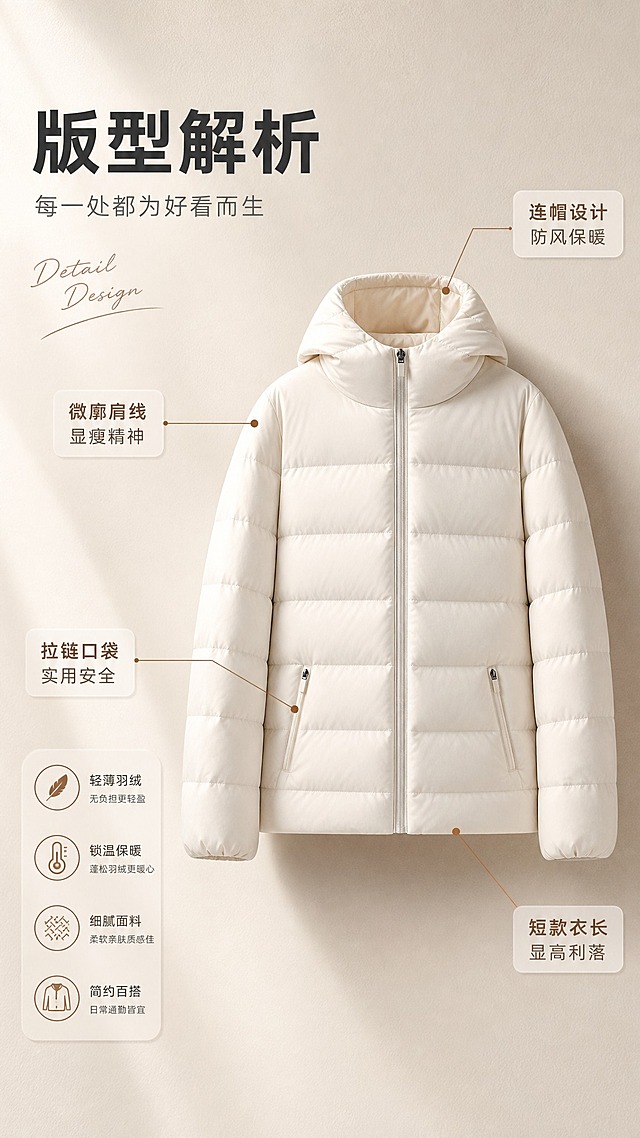 [商品] 使用【图1】奶白色连帽短款轻薄羽绒服；商品处理：保留连帽设计、中央拉链、横向绗缝结构、两侧拉链口袋、袖口版型、奶白颜色和轻薄羽绒面料；自然去除衣身杂乱褶皱，理顺垂坠，增强面料纹理、缝线、拉链和五金质感，不改变版型和结构。
[画面] 页面目标：版型解析页，拆解核心结构与穿搭优势。构图：服装正面大图居中偏右，占画面约55%，从连帽、肩线、口袋、下摆四个位置引出细线标签；左侧留白放标题和卖点说明；背景为浅米色渐变，底部有柔和投影。
[视觉] 套系策略：风格=韩系极简高级杂志画报风；标题字=现代无衬线粗体中文；正文字=纤细无衬线体；主色=奶白米杏；背景延展=基于奶白米杏做深浅层级、同色渐变和细腻织物/哑光墙面质感；强调色=焦糖棕，仅用于小面积图标、引线和标签；标题色=深炭灰；正文色=中暖灰；组件=圆角浅底信息卡、细线引线、手写英文小字装饰；光影=左前侧暖柔自然光。
[文字] 左上主标题"版型解析"，副标题"每一处都为好看而生"；四个引线标签分别为："连帽设计 防风保暖""微廓肩线 显瘦精神""拉链口袋 实用安全""短款衣长 显高利落"；文字均为横排，引线不遮挡服装关键结构。
[规格] 图片比例9:16竖版，4K，避免变形、错字、文字过小、冷蓝/蓝灰背景、衣服颜色改变、版型失真、绝对化用语。