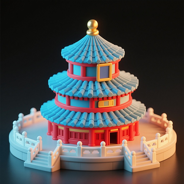 天坛建筑，圆角处理，可爱的等距瓦片3D渲染风格，红蓝主色调，背景为黑色，保留建筑的显著特征，如三层圆形屋顶、金色宝顶、红色柱子和栏杆，色彩明亮，细节丰富