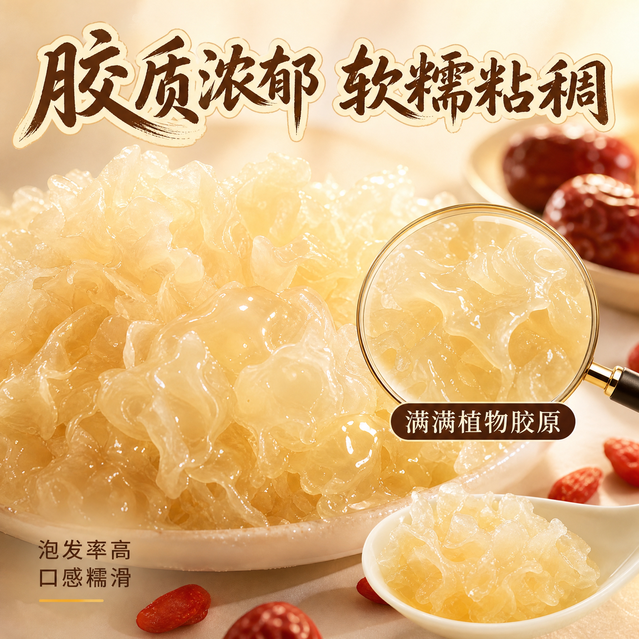 [主图-3] 银耳碎细节与成分图，微距展示胶质丰富的微观质感，… - 图片创意预览