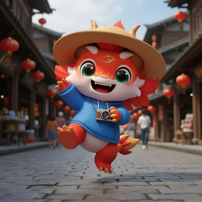 为图中形象添加开心左手举起相机的，单脚起跳的动作预览效果