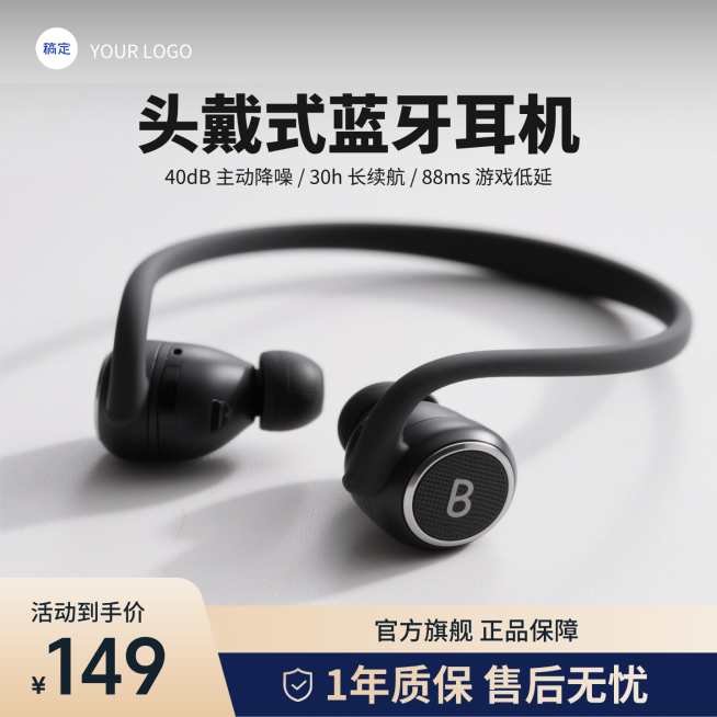 蓝色科技感蓝牙耳机数码产品主图直通车预览效果