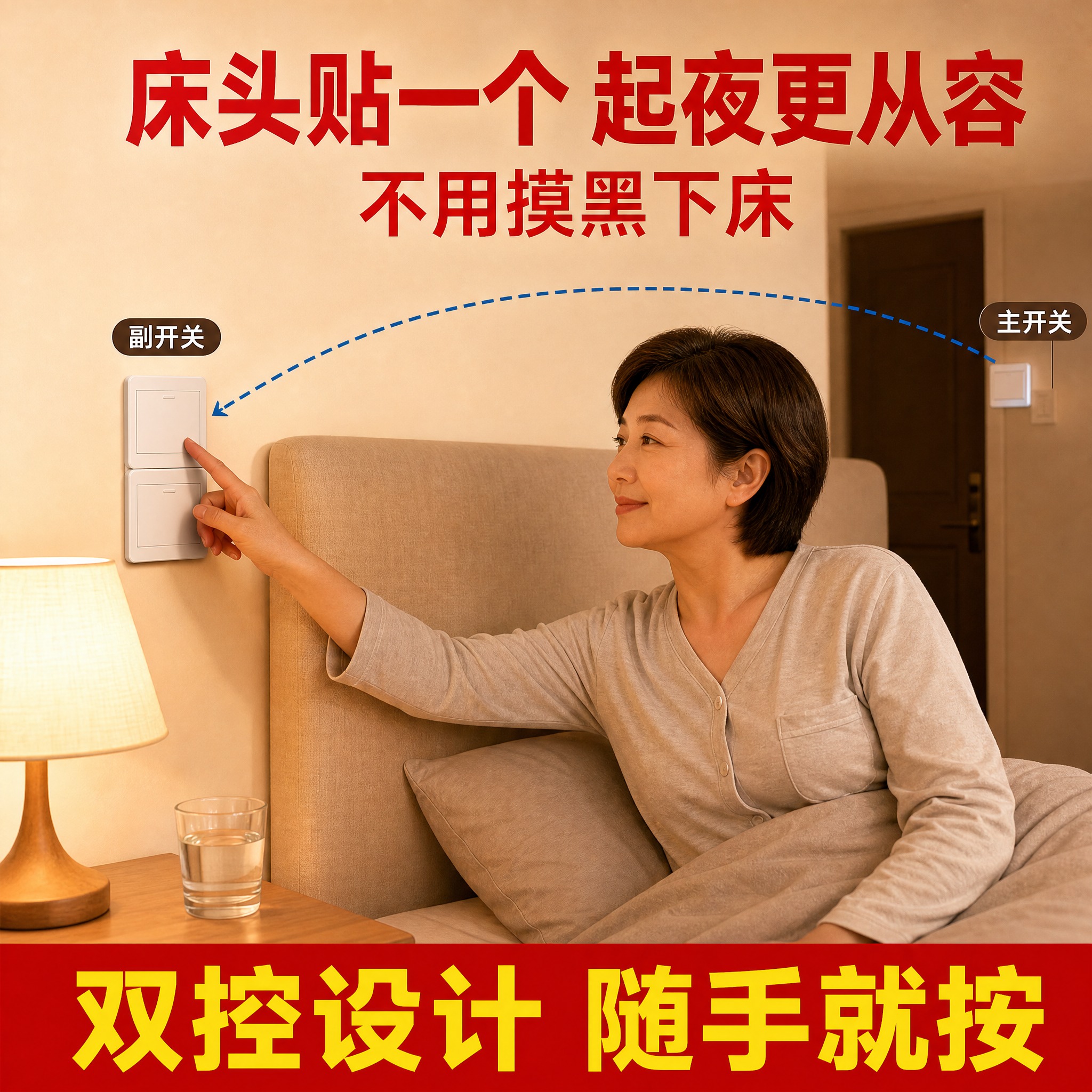 [主图-2] 主题：卧室床头双控场景 老人起夜不用摸黑。拼多多… - 图片创意预览