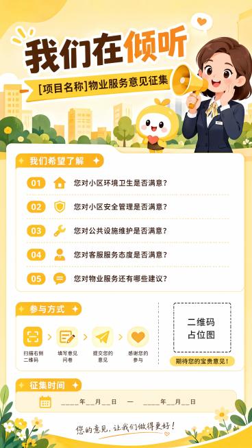 正式活泼风格物业服务意见征集海报，保留原有文案和排版：主标题"我们在倾听"，副标题"[项目名称]物业服务意见征集"，正文问题列表，参与方式说明，预留二维码和征集时间位置，采用明亮暖黄配色，扁平化卡通插预览效果