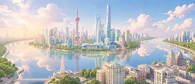 基于图1，将所有树木替换为图2同款的C4D卡通正常树木风格：有清晰的树干和自然舒展的树冠枝叶，不要过于圆润的球形，保持自然树形比例，树叶层次丰富。树木颜色保持原图的翠绿色调不变。其余画面元素（陆家嘴建筑群、黄浦江、外滩建筑、天空、水面倒影、整体马卡龙童话风格）全部保留不变。21:9宽屏，C4D OC卡通渲染，低饱和马卡龙色调，柔和漫射光，唯美治愈氛围。