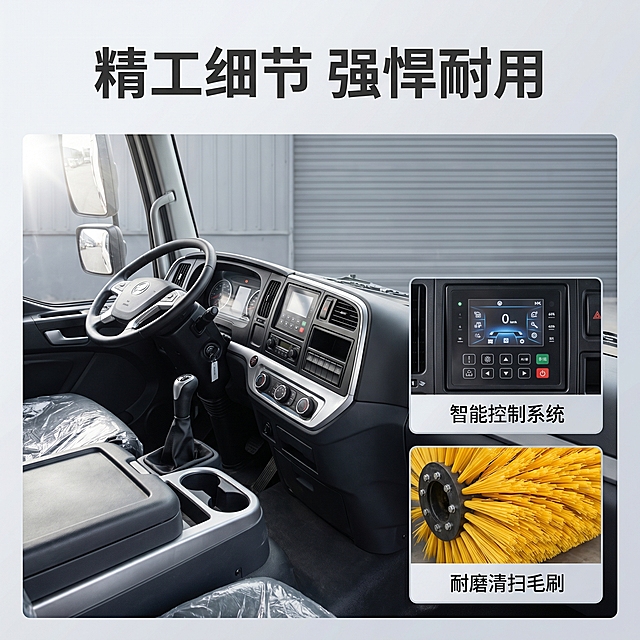 [主图-3] ZTY5180多功能洗扫车工艺细节展示。[氛围风格] 硬核专业工业风，整体风格光影与首图完全统一；[画质] 商业摄影质感、光线明快通透、产品清晰真实、画面干净高级。[元素] 保持ZTY5180多功能洗扫车整体外观与输入产品图绝对一致。主画面放大展示前部驾驶操作区域，右下角叠加两个局部细节画中画小框：上框特写"操作显示屏+控制器"操控区域，下框特写黄色清扫毛刷耐磨材质细节。每个画中画都带短标题标注，整体布局主次分明。[光影] 光线从左前方打来，操作面板和刷毛纹理细节清晰，明暗对比突出工艺质感。[配色] 背景浅灰，保留原车色彩，细节框用细灰线区分。[文字版式] 顶部大字标题"精工细节 强悍耐用"，深灰色粗体；两个画中画分别标注"智能控制系统"、"耐磨清扫毛刷"，文字清晰不遮挡主体。[比例分辨率] 1:1 比例，2k 分辨率；文字清晰可辨，超高清。[负向提示词] 变形，水印，文字错乱，产品图模糊，背景杂乱，遮挡主体。
