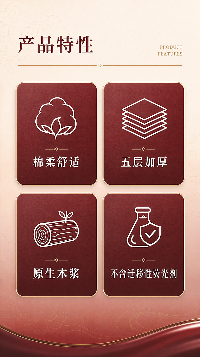 电商详情页，整体为新中式国潮轻奢风，背景采用浅米白+低饱和酒红渐变，搭配极淡的金色祥云暗纹打底，干净通透不杂乱。顶部左侧用国风宋体写标题“产品特性”，右侧小字标注英文“PRODUCT FEATURES”，标题下方用细金横线分隔。主体为2×2的四宫格布局，四个圆角方形模块，采用低饱和酒红色填充，搭配细腻柔雾质感，每个模块内包含一个简约白色国风线条图标+白色字体标注：左上模块：棉花线条图标+文字“棉柔舒适”，右上模块：5层纸张线条图标+文字“五层加厚”，左下模块：原木线条图标+文字“原生木浆”，右下模块：安全瓶线条图标+文字“不含迁移性荧光剂”。整体排版对称规整，色调适配乐佰适酒红国潮包装，光影柔和均匀，无多余元素，8K高清，商业精修质感，国风轻奢调性统一