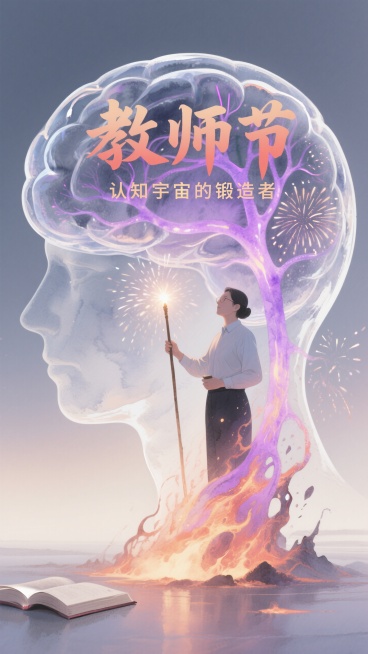 巨型透明脑结构内，教师手持光杖引导知识流如岩浆涌动，神经网络突触绽放为烟花。霓虹紫与暖色调，荧光流体特效，标题：教师节，副标题‘认知宇宙的锻造者“采用神经脉络字体”，颜色：暖色调，对比强烈。预览效果