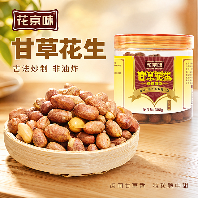 [主图-1] 甘草味花生商品首图，突出食欲感和品质感。保持甘草花生产品外观、包装颜色和实物纹理与输入图片绝对一致，杜绝任何变形和色差，精细化处理。将盛放在竹编筐中的带皮花生和玻璃罐装成品自然陈列在温馨的浅木色餐桌背景上，竹编筐中的花生颗粒饱满，清晰展示剥开的果仁，画面更具食欲感。左上角放置提取出的品牌名'花京味'，保持字形和配色不变，不遮挡产品主体。商品主体占比严格控制在60%-80%之间，画面满屏无边框。使用自然暖调逆光，光线柔和通透，花生纹理清晰有光泽，背景简约干净，营造新鲜零食的食欲氛围。主色调暖棕搭配米黄，从产品本身提取配色。视角为平视，景深适中，产品轮廓完整不裁切。文字版式：左上品牌名下方，大字主文案写'甘草花生'，棕黄色粗体最大号无衬线，辅助小字写'古法炒制 非油炸'，约一半字号，浅棕色放在主文案下方。右下角标注'齿间甘草香 粒粒脆中甜'，细字体。比例1:1，4k分辨率，文字清晰可辨，超高清。负向提示词：变形，水印，文字错乱，产品图模糊，背景杂乱。