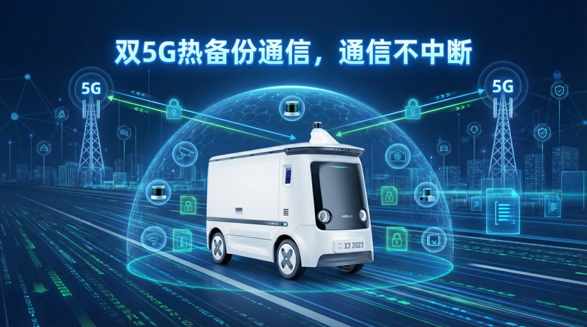 以新石器无人车X3为主体，背景呈现传感器、通信链路、数据加密元素，突出全维度安全冗余，添加知识点“双5G热备份通信，通信不中断”，强化安全保障感知预览效果