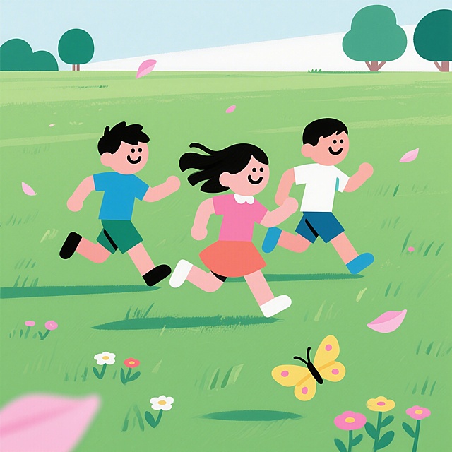 扁平插画风格的户外奔跑场景，简单干净的2D图形，明亮柔和的色彩，充满纯粹的快乐和自由感。画面中，三个孩子（两个男孩一个女孩，色块风格人物，无细节五官，仅通过色块和形状表现）正在开阔的草地上从画面左侧向右侧横穿奔跑。孩子们张开双臂，脸上洋溢着灿烂的笑容，衣角和头发随风飘起，表现出轻松欢快的动势。女孩跑在中间，两个男孩一前一后，彼此间保持着自然的距离，仿佛在自由追逐。背景是开阔的绿色草地，点缀着几朵彩色的小野花。画面中飘落着几片粉色的花瓣，两只蝴蝶在孩子们前方或身边飞舞，增加了画面的灵动感和自然气息。远处有几棵简化的大树作为点缀。整体色调以清新的绿色为主，搭配花瓣的粉色和蝴蝶的明黄色，画面充满活力与童趣。采用侧面横穿构图，突出奔跑的动感和孩子们自由自在的状态。