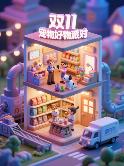 双层微缩场景，顶部立体字“双11宠物好物派对”，第一层是宠物主播与猫狗互动，主播正在介绍新品玩具，第二层是宠物用品货架，狗粮猫砂整齐摆放，门外有宠物工厂生产线和快递车准备发货，整体场景精致，细节丰富，预览效果