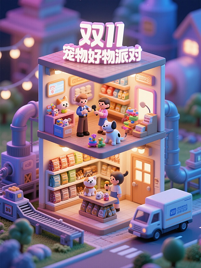 软3D风微缩艺术场景，梦幻温馨的宠物商店，卡通人物与萌宠互动，趣味十足，双11宠物好物派对主题，充满可爱感与节日氛围。