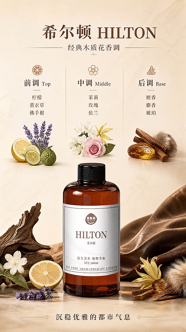 [第2张] 详情页香调解析-希尔顿款前中后调分层展示。本张使用【图1】希尔顿款香薰瓶作为商品主体。
[氛围/风格] 高级简约香氛海报风，暖棕色调，优雅质感，商业摄影质感。
[元素布局] 香薰瓶置于画面中下位置，占比约40%；瓶身周围环绕木质、皮革、香草等香调元素装饰；上方为三栏香调分区展示区；背景为浅米色渐变，点缀细腻纹理。
[光影质感] 顶部柔光均匀照射，瓶身琥珀质感通透，底部柔和投影，整体温暖高级。
[配色色系] 全局底色 #F8F2E9 浅米色；主色暖棕褐色；辅助色深棕、米金、奶白。
[视角构图] 正面平视，产品位于下方中心，阅读动线顶部标题 → 中部三栏香调 → 底部产品。
[文字版式] 顶部主标题「希尔顿 HILTON」，副标题「经典木质花香调」；中间三栏等分布局：左栏「前调 Top 柠檬 薰衣草 佛手柑」，中栏「中调 Middle 茉莉 玫瑰 依兰」，右栏「后调 Base 檀香 麝香 琥珀」；底部产品下方配意境文案「沉稳优雅的都市气息」；衬线字体，棕褐色文字，清晰可读。
[比例分辨率] 9:16 竖版比例，4K分辨率，文字清晰可辨，高清画质。
[负向提示词] 瓶身变形，标签文字错误，颜色偏差，水印，文字错乱，产品模糊，背景杂乱。