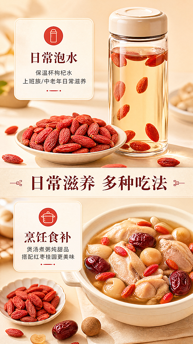 [商品] 使用【图4】米色背景枸杞特写；保留枸杞颗粒饱满、暗红色、表皮微皱的真实形态与细节纹理；增强果实红润质感与立体感，不改变颜色和形态。
[画面] 目标：场景种草页，展示日常泡水与烹饪食补两大用法。构图采用上下分栏场景拼图型，上半部分为"日常泡水"场景（保温杯+枸杞水，枸杞颗粒点缀），下半部分为"烹饪食补"场景（煲汤/甜品食材搭配，枸杞与红枣桂圆等）；中间用标题带分隔；枸杞颗粒作为核心元素在两个场景中都有清晰露出。
[视觉] 套系策略：风格=国内电商食品温润滋补风，高级商业美食摄影；标题字=宋体加粗带衬线，稳重有品质感；正文字=简洁无衬线体；主色=枸杞红+暖米杏；背景延展=基于暖米杏做深浅层级、同色渐变和细腻纸张/陶瓷质感；强调色=朱砂红，仅用于小面积图标、引线和标签；标题色=深棕红；正文色=暖深灰；组件=圆角浅底信息卡、细线分隔、小图标点缀；光影=暖自然光，柔和明亮，干净通透。
[文字] 中间分隔带主标题："日常滋养 多种吃法"（8字）；上半区小标题："日常泡水"+说明"保温杯枸杞水 上班族/中老年日常滋养"；下半区小标题："烹饪食补"+说明"煲汤煮粥炖甜品 搭配红枣桂圆更美味"；每个场景配对应小图标；全部横向排版，字号保证手机端清晰可读。
[规格] 图片比例9:16竖版，4K，负向提示：避免变形、错字、文字过小、枸杞变成异常亮红、场景杂乱、冷色调、人物出现。