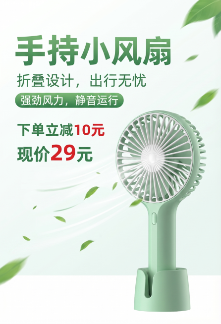 手持小风扇电商宣传图，产品为浅绿色折叠设计手持小风扇，文案内容：手持小风扇，折叠设计，出行无忧，强劲风力，静音运行，下单立减10元，现价29元，简洁清新风格，突出产品卖点预览效果