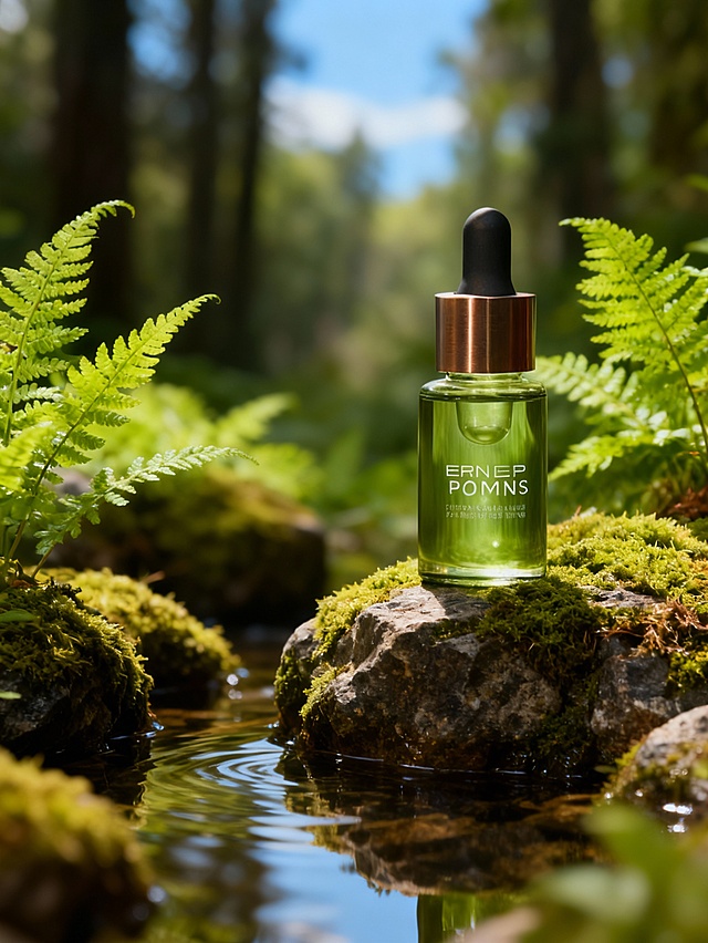 主体被置于有苔藓的岩石之上（主体占画面比为25%，位于画面右边）岩石质感棕色厚重呈现些许光泽。前方浅水衬托，背景为自然元素包含苔藓覆盖的岩石、鲜绿蕨类植物，采用浅景深构图，周围自然元素环绕，以主体为视觉焦点；背景是模糊的清新墨色森林，有一点蓝天；色彩以多层次绿色为主调。突出产品自然氛围感，自然打光，保证溶图效果。