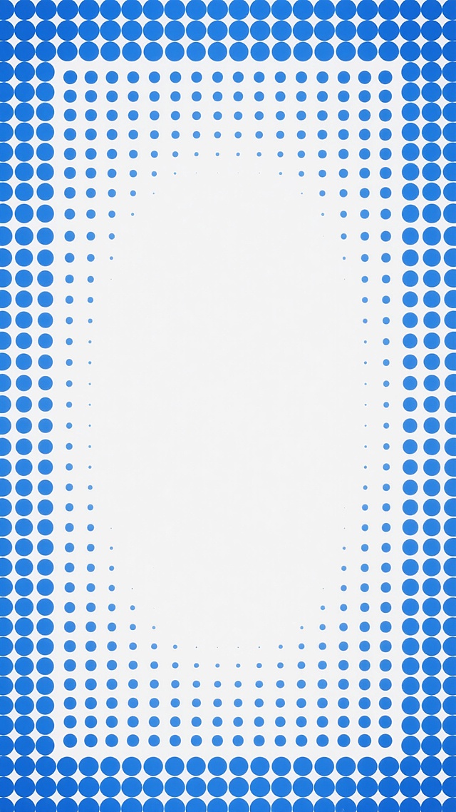 蓝色半色调图案，由大小一致的圆形蓝色网点组成，网点在白色背景上呈现出从边缘到中心的渐变密度分布，上下左右边缘网点密集且颜色饱满，向中心区域网点逐渐稀疏直至形成较大面积的留白，整体构成对称的框架式布局，具有简洁现代的设计感和清晰的视觉层次。