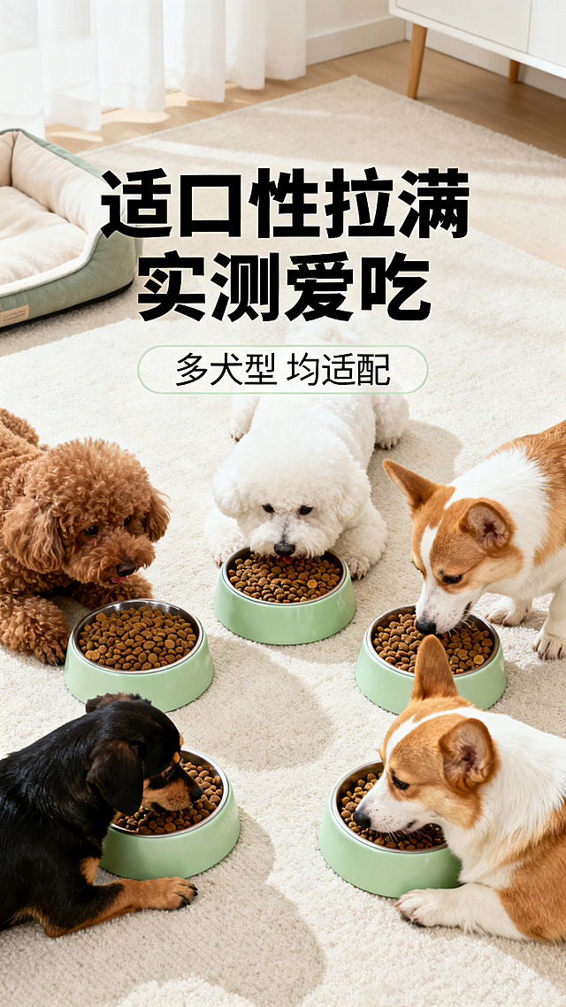 简约自然风，色调浅米白+浅草绿。主文案居中放大粗黑为"适口性拉满 实测爱吃"，副文案在下方纤细浅一度为"多犬型 均适配"，排版居中对称适配手机端。画面中心是泰迪、比熊、柯基三只不同犬型围坐食盆进食实景，食盆装满哇米全价犬粮，背景简约居家浅色系地毯加简约狗窝，构图对称突出满足感，高清8K，毛发细腻，细节真实，光线柔和，画面干净。