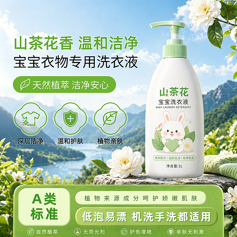 清新自然水彩风画面婴童洗护产品电商主图