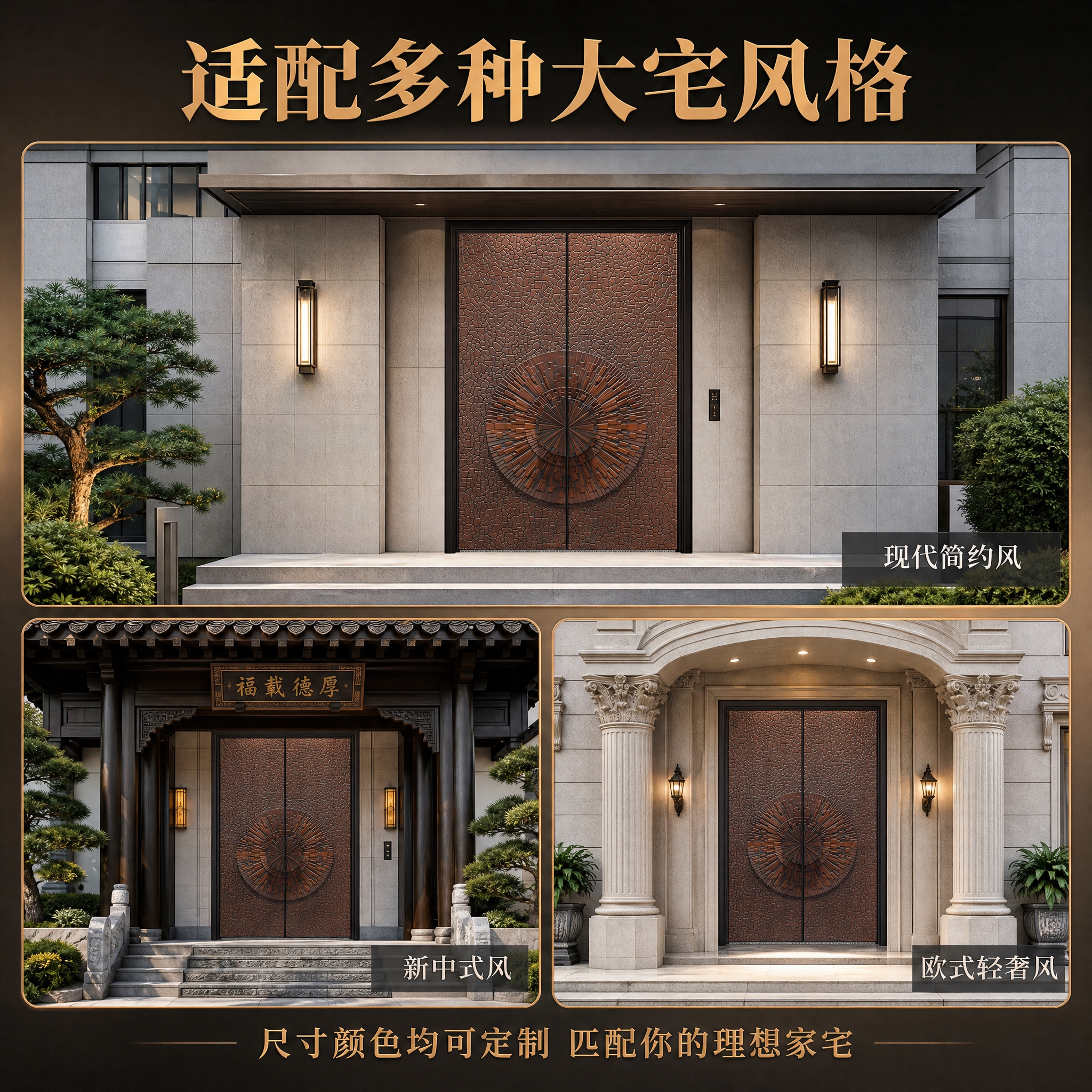 [主图-4] 多场景适配展示，体现大门在不同风格别墅中的入户效… - 图片创意预览