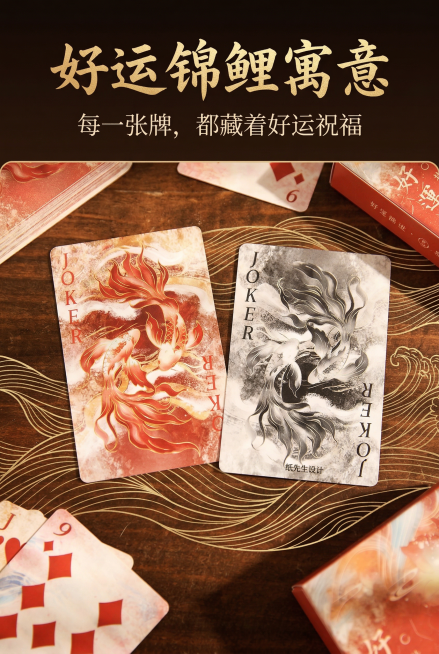 2:3 竖版电商详情图，严格还原上传的好运锦鲤国风扑克牌产品图，包括朱红包装、水墨锦鲤插画、金色 “好运锦鲤” 文字、品牌标识等所有设计细节，产品在真实物理空间里与其他物体的大小关系视觉协调，比例保持预览效果