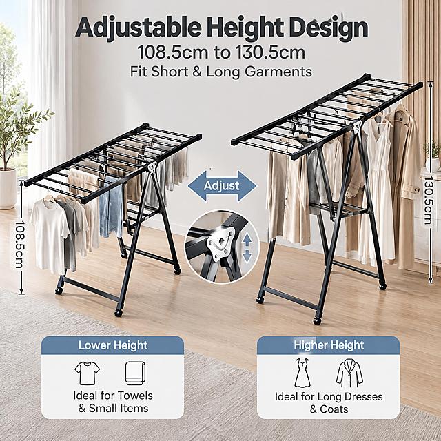 [主图-7] 1.8m Foldable Clothes Drying Rack 高度可调节功能展示图。
[统一基调] 亚马逊跨境主图统一视觉：浅灰色家居背景，简洁克制信息图风格，主色为浅灰+原木色+黑色金属，标题字为深灰粗体无衬线字体，辅助字为中灰，强调色为柔和蓝灰；字体统一为现代无衬线体。
[画面] 画面采用左右对比布局：左侧是低高度档位的晾衣架（适合晾晒毛巾、小件衣物），右侧是高高度档位的晾衣架（适合晾晒长裙、大衣），中间用双向箭头连接表示高度调节；两个状态的晾衣架上分别挂着对应长度的衣物，低档位挂毛巾和T恤，高档位挂长裙和外套；上方大标题 "Adjustable Height Design"，下方辅助文字 "108.5cm to 130.5cm"、"Fit Short & Long Garments"。
[光影质感] 柔和均匀光线，两种高度状态结构准确，调节部位清晰，衣物自然下垂。
[配色] 浅灰背景 + 黑色产品 + 蓝灰双向箭头 + 木色地面。
[文字版式] 标题居中上方，大号粗体深灰；辅助文字在下方居中，中号深灰；箭头中间标注 "Adjust" 小字。
[输出要求] 1:1正方形，两种高度对比清晰，文字可读，产品结构准确，无变形、无水印。