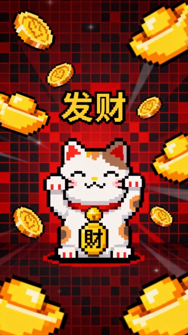 像素艺术，8位风格，“发财”主题。一只可爱的像素化招财猫在点头，金币和元宝弹出。背景是复古的红黑网格。简单、怀旧且有趣。非常适合游戏玩家和科技爱好者。预览效果