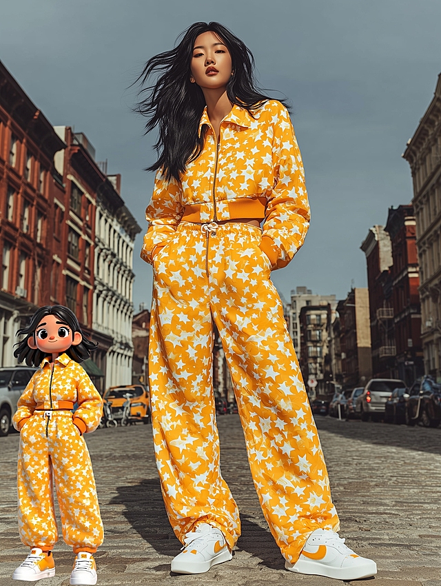 时尚潮流city pop风，拟人卡通角色与真人同框，展现活力与创意。