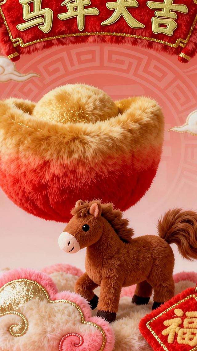 把招财进宝改成马年大吉，去掉中间的元宝，把马放大