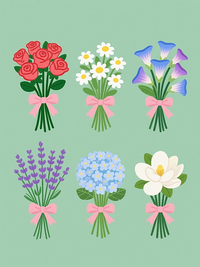 一套6个不同造型的花卉束插画系列，采用统一的纯色背景，保持原有的卡通手绘风格，整体色彩变换多样。每个花束都由绿色花茎和叶子组成，并用粉色蝴蝶结系扎，花茎底部整齐排列。第一个是玫瑰花束，花朵为鲜艳的红色，花瓣层层叠叠；第二个是牵牛花束，呈现出蓝紫色渐变，喇叭状的花朵向上绽放；第三个是小雏菊花束，白色花瓣围绕着黄色花心，小巧可爱；第四个是绣球花束，圆形的花朵由许多小花组成，颜色为淡蓝色；第五个是薰衣草花束，紫色的细长花瓣紧密排列；第六个是栀子花束，白色的花瓣搭配黄色花蕊，清新淡雅。所有花束规整地排列在画面中，形成和谐统一的系列素材集合。